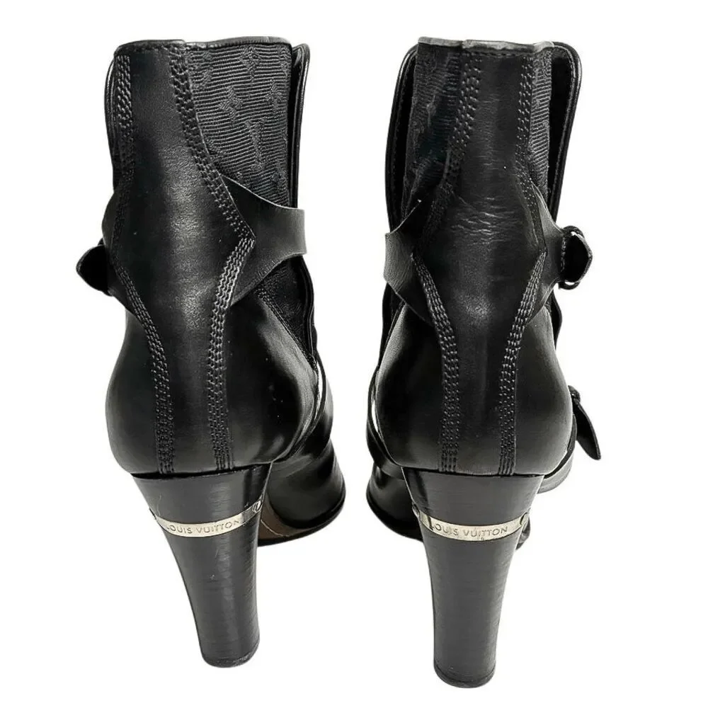 Louis Vuitton Monogram Logo Canvas + Leather Heeled Buckle Booties Black EU 36.5